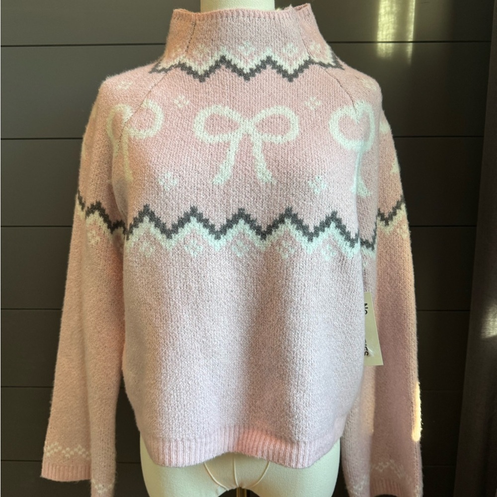 No Boundaries Pink White Bow Girly Fair Isle Rose Mist Cowl Neck Sweater Sz 8-10